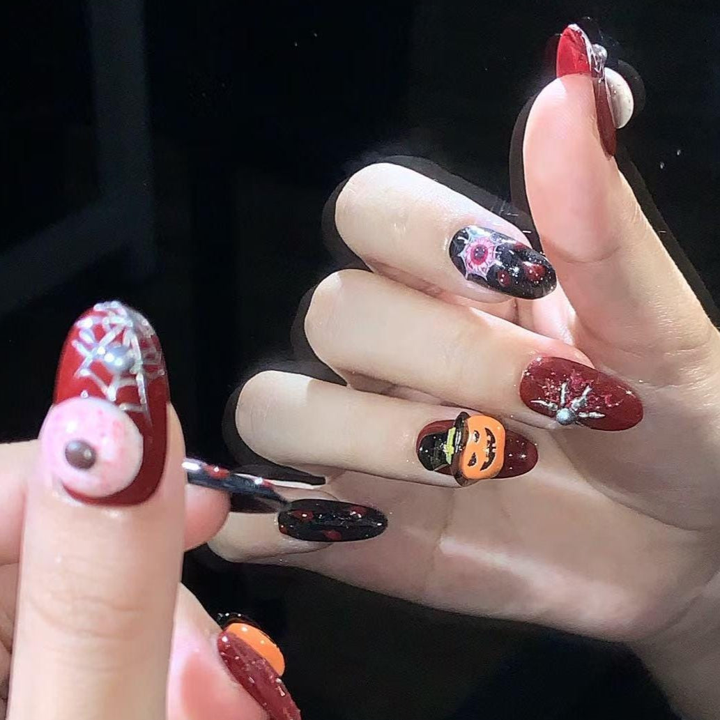 Blood Red and Black Horror Halloween Spooky 3D Halloween Oval Hand painted nails, Pumpkin, Eyeball, Spider, Blood Themed, Press on Oval