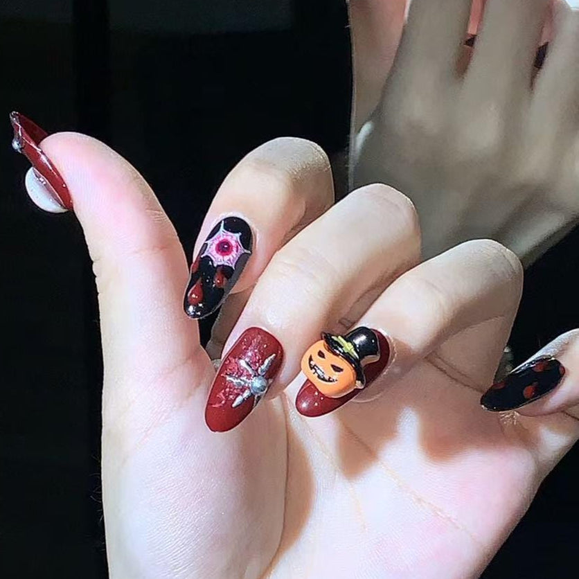 Blood Red and Black Horror Halloween Spooky 3D Halloween Oval Hand painted nails, Pumpkin, Eyeball, Spider, Blood Themed, Press on Oval