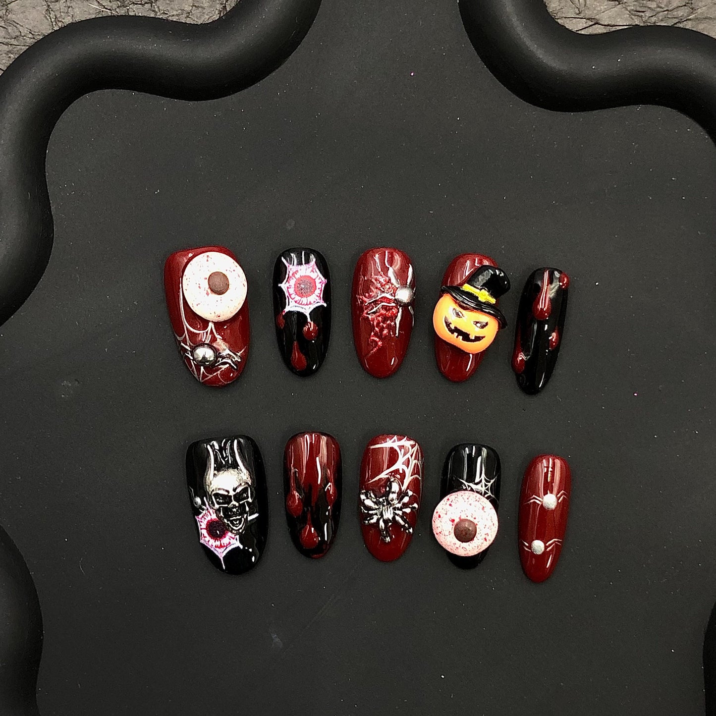 Blood Red and Black Horror Halloween Spooky 3D Halloween Oval Hand painted nails, Pumpkin, Eyeball, Spider, Blood Themed, Press on Oval