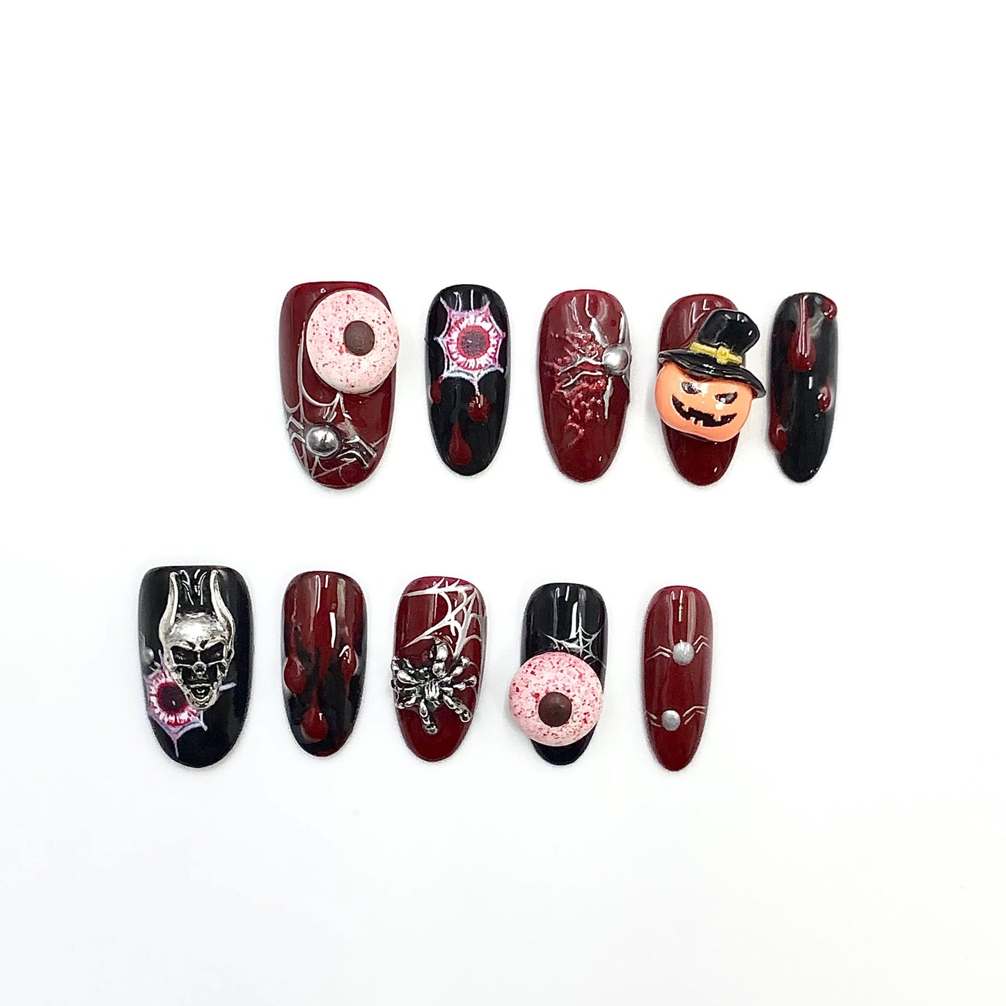 Blood Red and Black Horror Halloween Spooky 3D Halloween Oval Hand painted nails, Pumpkin, Eyeball, Spider, Blood Themed, Press on Oval