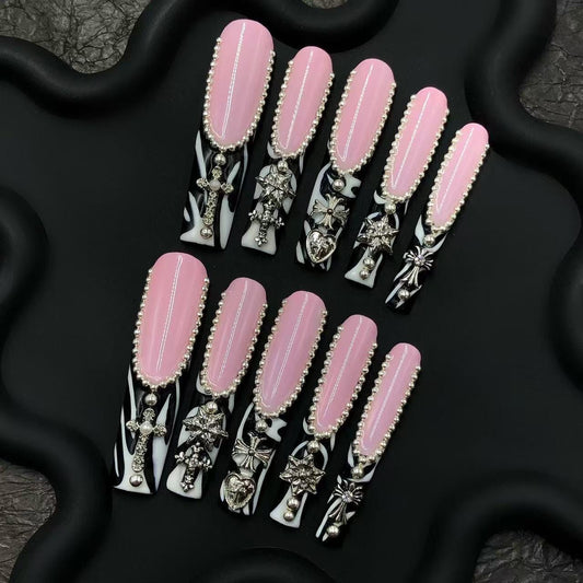 Gothic Glam: Pink and Marble Coffin Nails with 3D Silver Charms press on nails glue on nails black white elegant luxurious punk trendy art