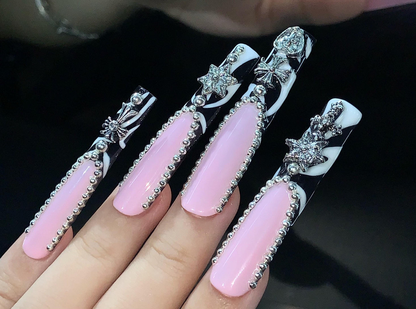 Gothic Glam: Pink and Marble Coffin Nails with 3D Silver Charms press on nails glue on nails black white elegant luxurious punk trendy art