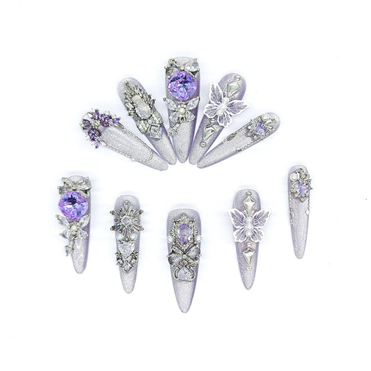 Fairycore Glitter Press-On Hand Painted Nails – Lavender Gemstones and 3D Butterfly Charms – Long Iridescent Fantasy for Special Occasions