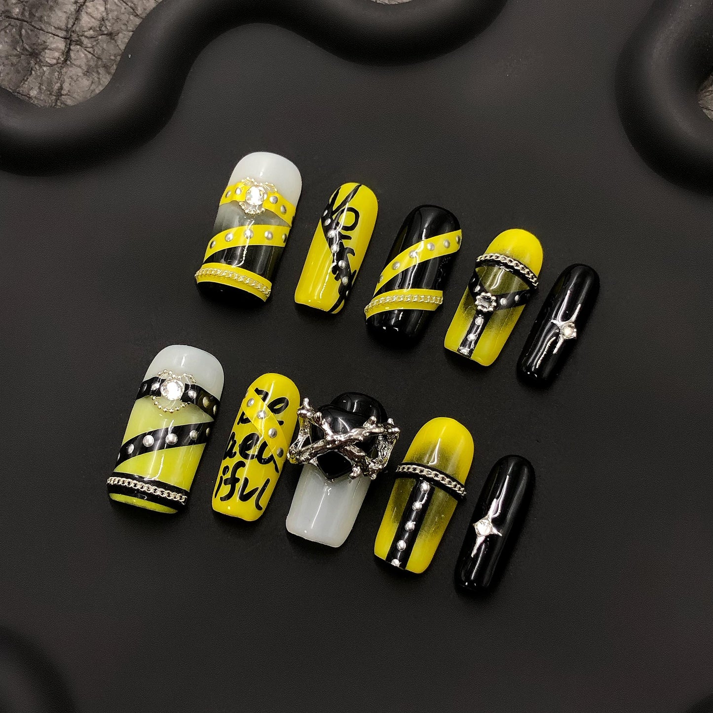 press on nails yellow black edgy art rhinestone punk 3d graffiti cross chain studs daring long square charms glue on nails faux artificial