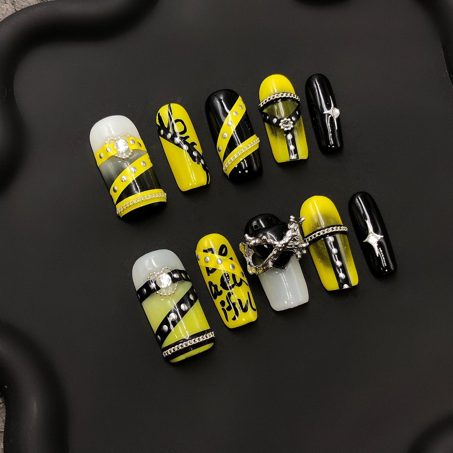 press on nails yellow black edgy art rhinestone punk 3d graffiti cross chain studs daring long square charms glue on nails faux artificial