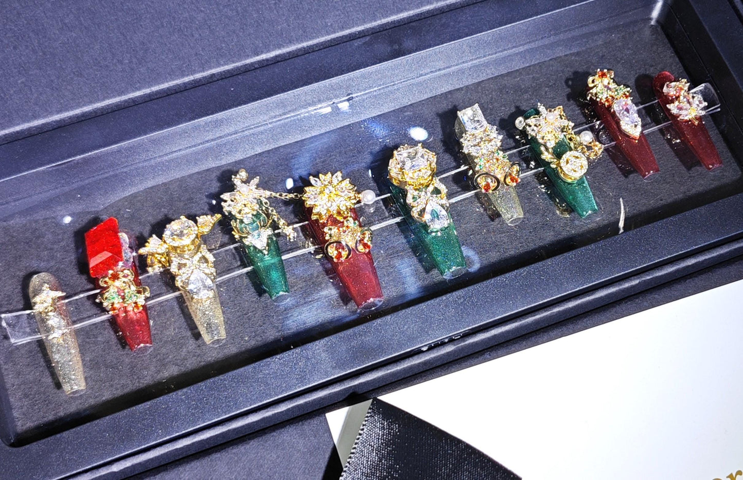 Luxury 3D Christmas Press-On Nails – Red & Green Glitter Coffin Nails with Gold Rhinestones, Holiday Bling Nail Art Set