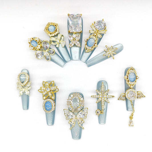 Dreamy Luxury Blue Cameo Press-On Nails – Elegant 3D Rhinestone Nails with Gold Charms, Butterfly & Star Design, Handmade Glam Nail Art Set