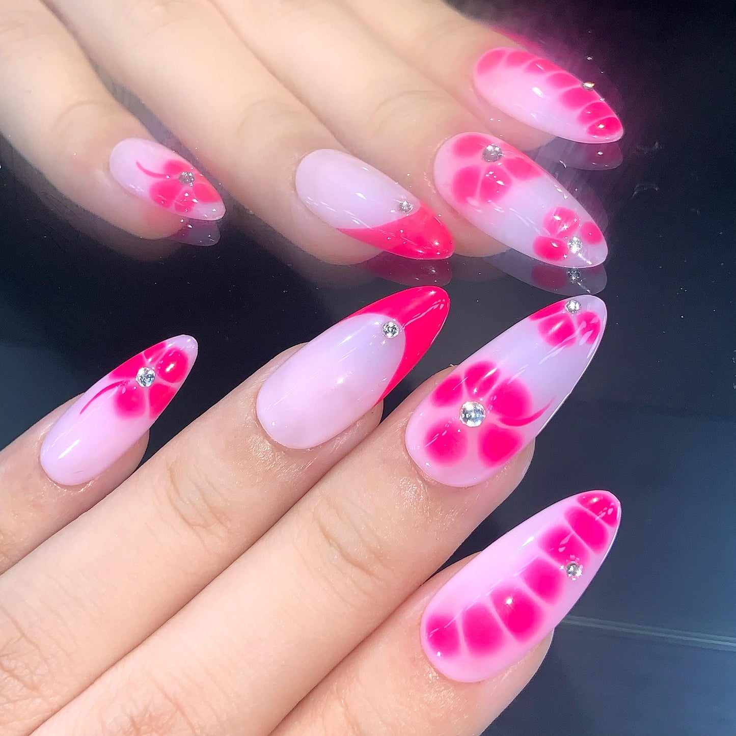 pink floral nails glue on press on artificial hot pink rhinestone summer ombre red flower art french tips sparkle feminine cute girly spring