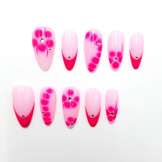 pink floral nails glue on press on artificial hot pink rhinestone summer ombre red flower art french tips sparkle feminine cute girly spring