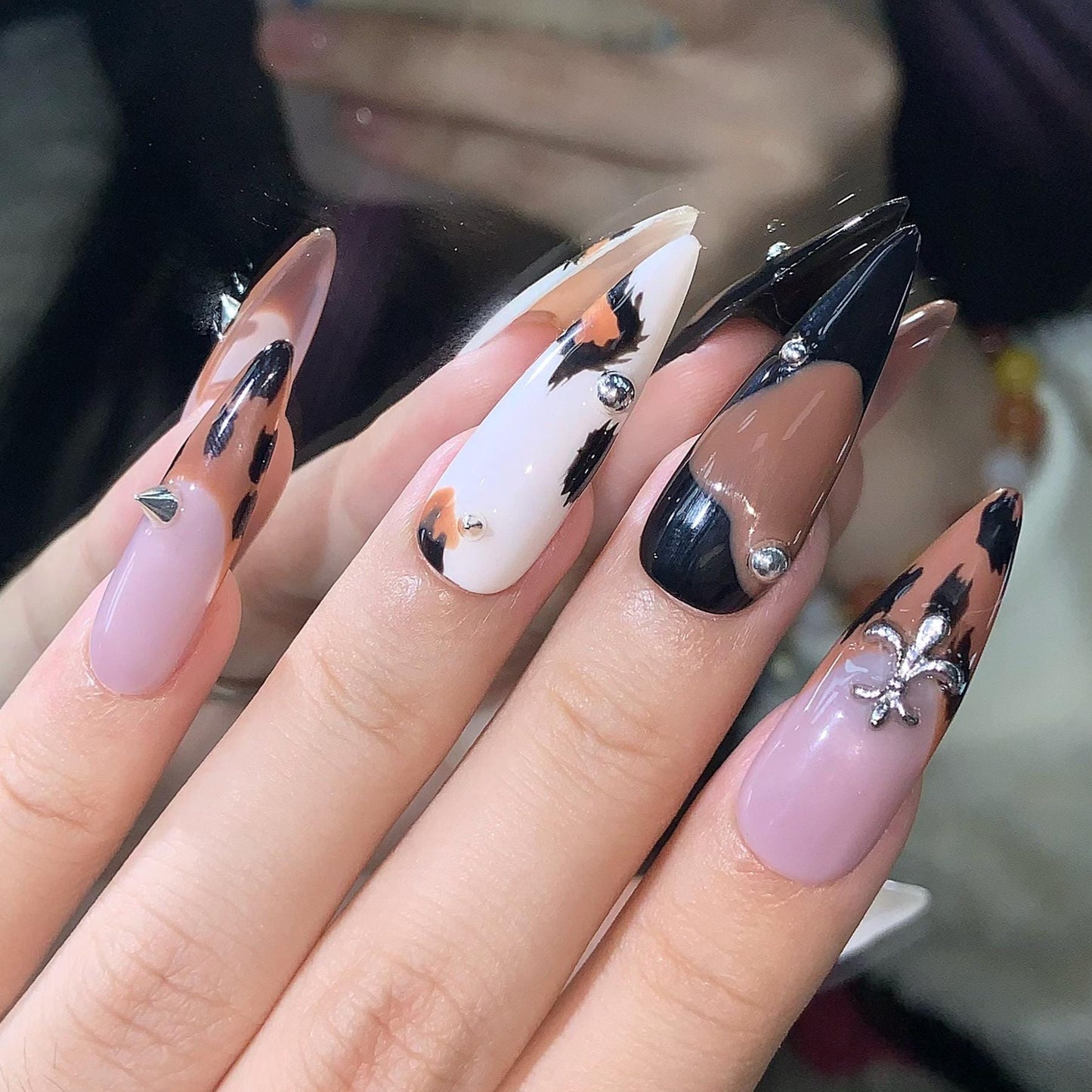 animal press on nail leopard brown black gothic art long stiletto punk rock spiked edgy mixed glue on artificial edgy sleek nude fierce wild