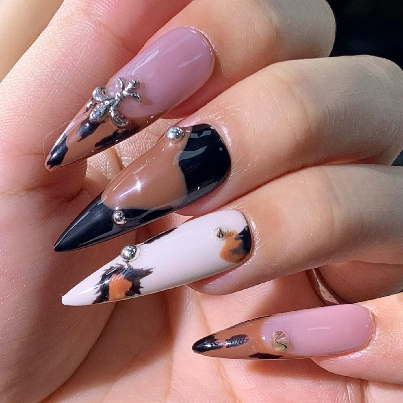 animal press on nail leopard brown black gothic art long stiletto punk rock spiked edgy mixed glue on artificial edgy sleek nude fierce wild
