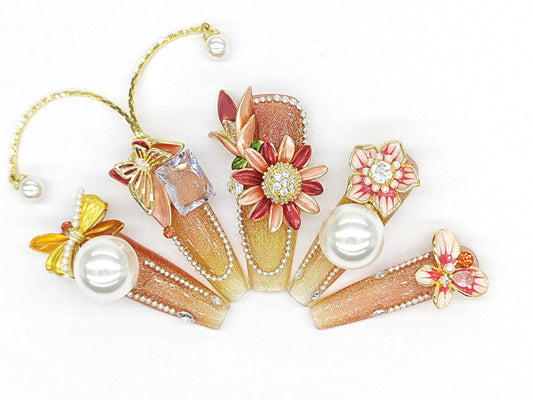 Peach and Gold Floral Press-On Nails – 3D Red Flower, Butterfly & Pearl Accents, Japanese-Inspired Ombre Glitter Nail Art Set