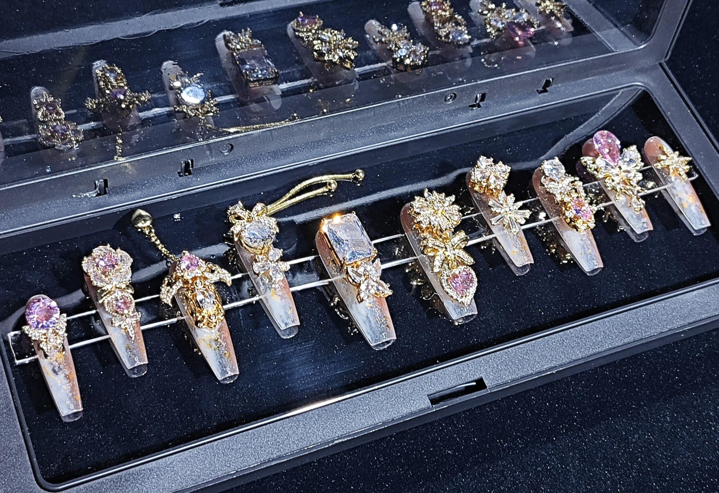 Opulent Blush & Gold Press-On Nails – 3D Pink Crystals, Butterflies, Bows, Luxe Charms on Sparkling Nude Base | Ultimate Glam Nail Set