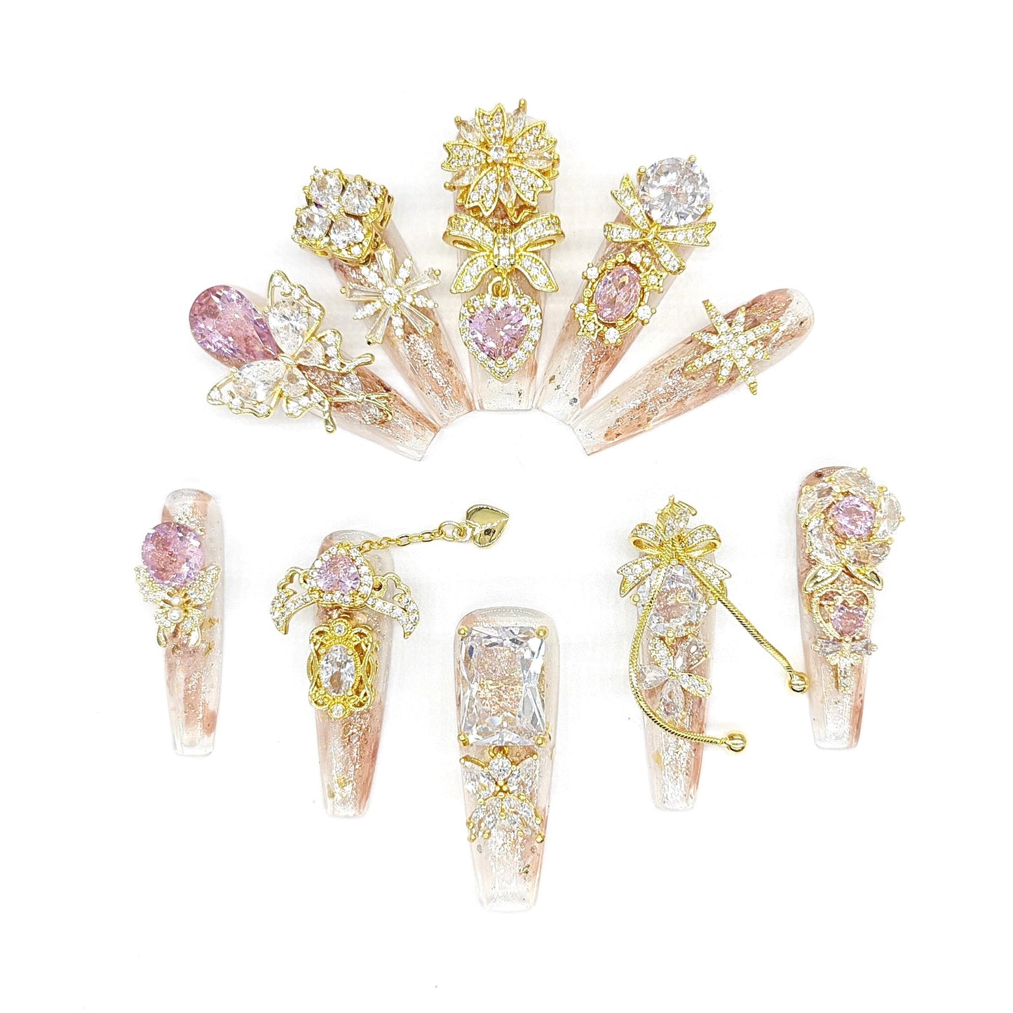 Opulent Blush & Gold Press-On Nails – 3D Pink Crystals, Butterflies, Bows, Luxe Charms on Sparkling Nude Base | Ultimate Glam Nail Set