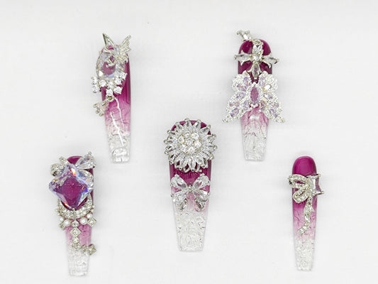 Luxury Plum Ombre Crystal Press On Nails – Purple and Clear 3D Rhinestone Nail Set with Butterfly, Heart & Bow Charms