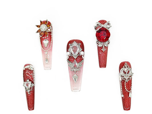 Royal Red Crystal Press On Nails – Handcrafted Glitter Ombre Nails with 3D Gemstones, Pearls & Luxe Charms