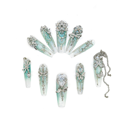 Fairy Forest Press On Nails – Mint Green Glitter Ombre 3D Crystals, Chains & Butterfly Charms – Magical Luxury Nail Set for Fantasy Glam