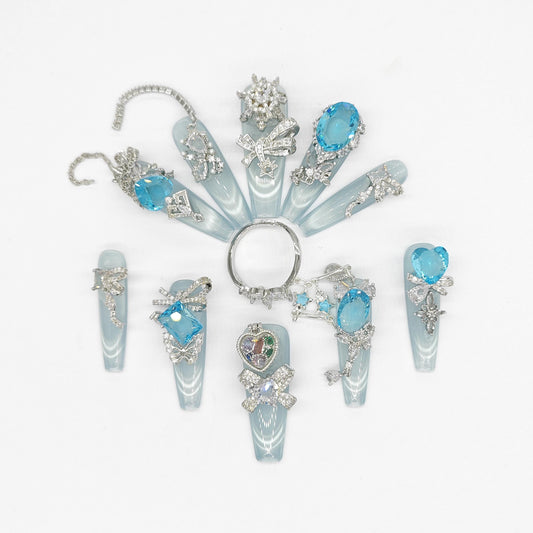 Icy Blue Tiger's Eye Fantasy Press on Embellished Nails -- Crystal charms, Bridal, Cosplay, Special Occasion
