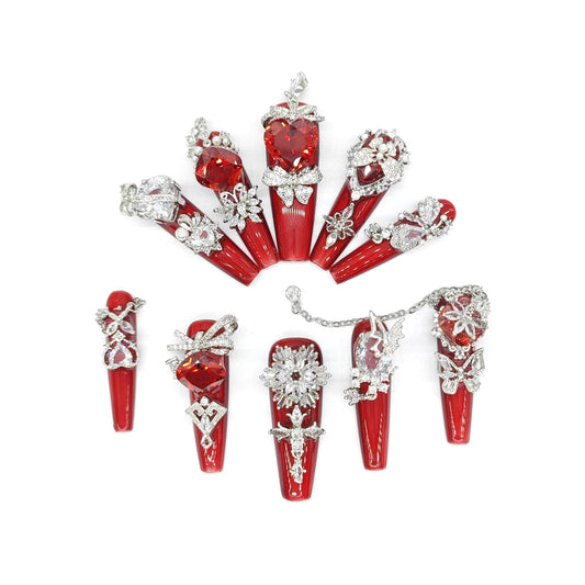 Royal Gothic Glam Red Crystal Press on Nails | 3D Rhinestone Embellished