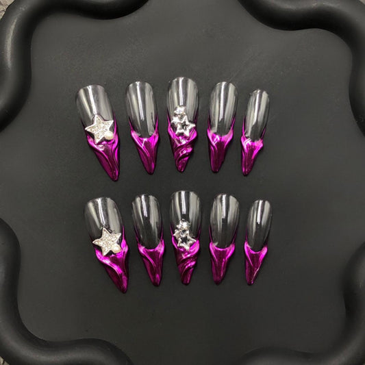 press on nails artificial hot pink black medium stiletto metallic edgy glossy futuristic trendy statement making dramatic hand painted artsy
