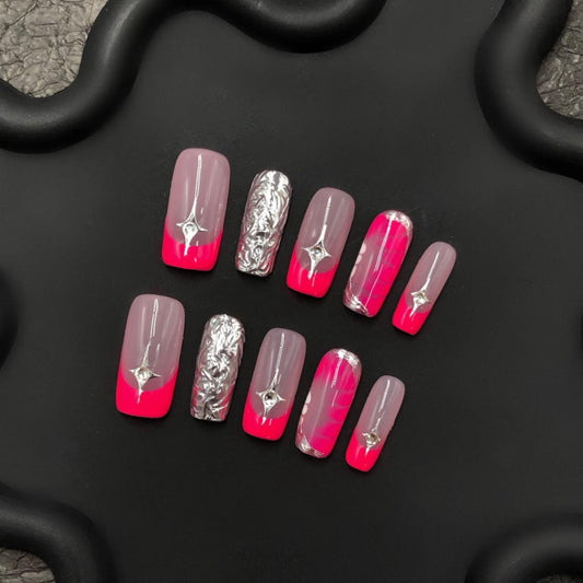 Press-on nails pink grey chrome accent star rhinestone glue on medium square coffin silver foil nail art glossy trendy glam manicure arty