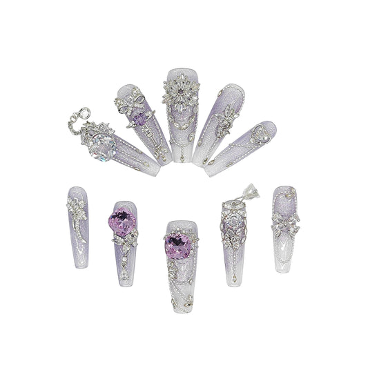 Lavender Luxury Press-On Nails | 3D Crystal Nails with Chains & Charms | Fairycore Glam | Reusable Nail Art