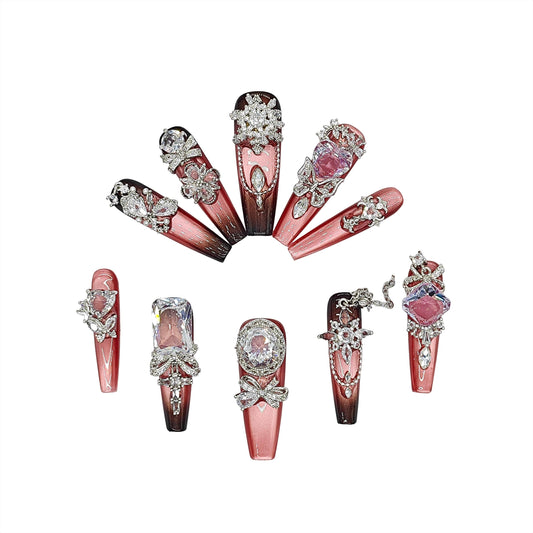 Rose Ombre Press-On Nails | 3D Rhinestone Nail Set with Charms | Glam Luxury Nails | Reusable Statement Nails