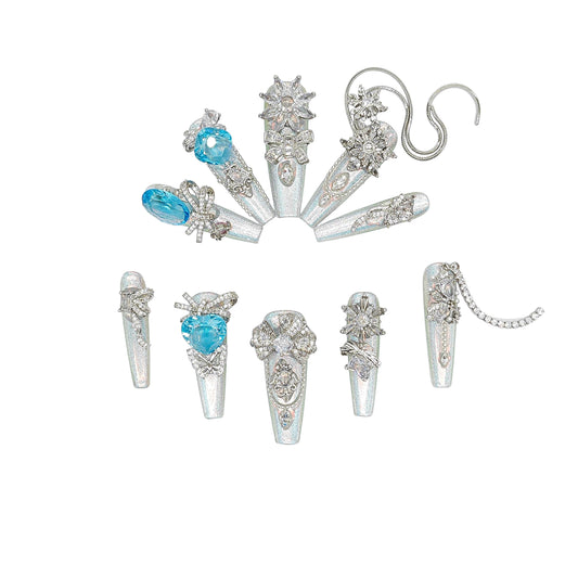 Glacier Queen Press-On Nails | 3D Blue Crystal & Silver Charm Nails | Winter Glam | Reusable Luxury Nail Set