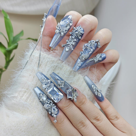 Icy Blue Princess Press-On Nails | 3D Rhinestone Nails with Chains & Charms | Winter Glam Nail Set | Reusable Luxury Nails