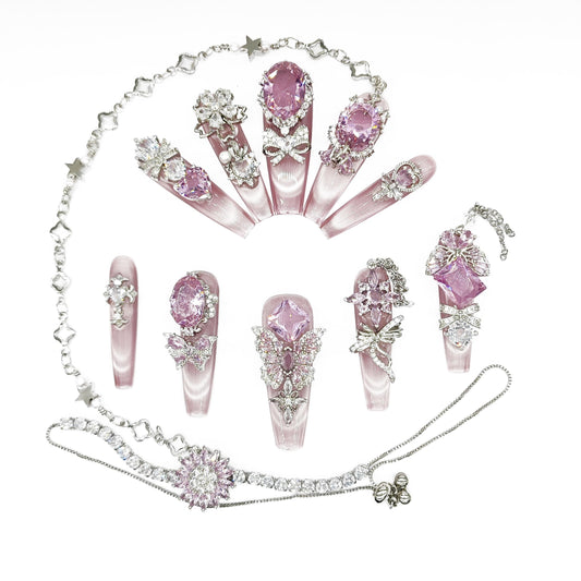 Royal Pink Crystal Press-On Nails + Matching Charm Bracelet | 3D Rhinestone Nail Set with Chains & Pearls | Ultra Glam Couture Nails