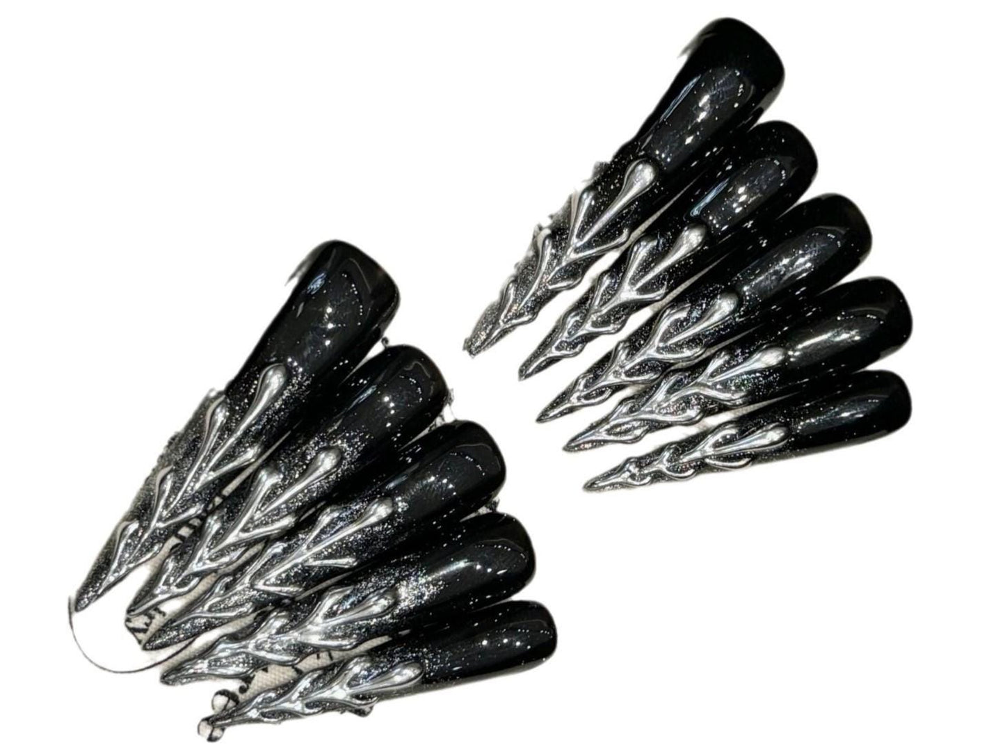long stiletto dark silver tree press on nail metallic flame gothic glam chrome 3d art edgy silver glitter dark fierce punk rock showstopper