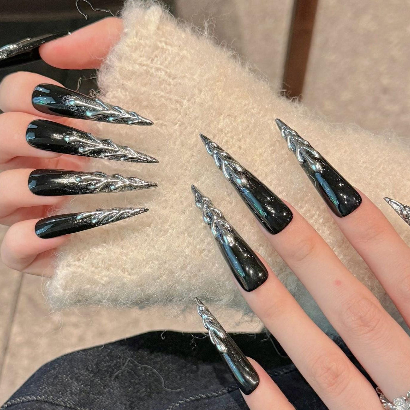 long stiletto dark silver tree press on nail metallic flame gothic glam chrome 3d art edgy silver glitter dark fierce punk rock showstopper