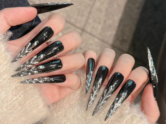 long stiletto dark silver tree press on nail metallic flame gothic glam chrome 3d art edgy silver glitter dark fierce punk rock showstopper