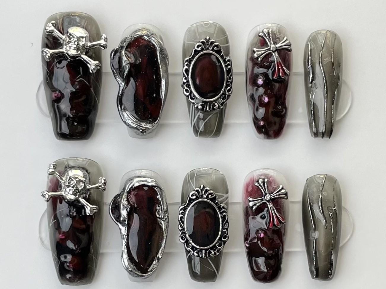 gothic press on nails dark glam skull nail charms baroque art blood red black vintage goth 3d horror halloween grunge aesthetic manicure