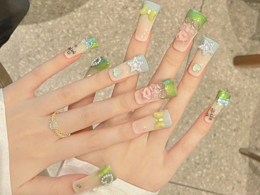 press on nails pastel 3d green blue ombre kawaii bow and rose art long duck square glitter tip cute charm fairy elegant girly manicure pearl