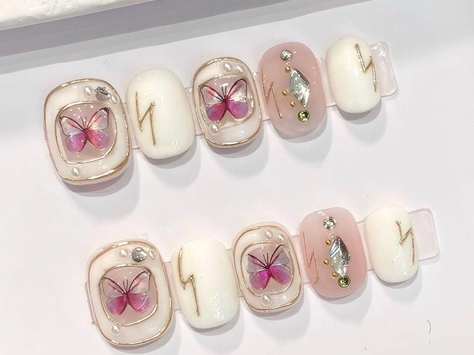 3D Butterfly Nail Art with Rhinestones Lightning Bolt Design Press On Nails Elegant Pearl White Nail Set kawaii nails y2k nails Korean nails