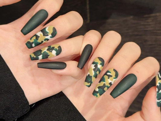 Matte Camo Press-On Nails  Long Coffin Shape  Army Green Camouflage Set Long Square army green camo prints military glue on nails artificial