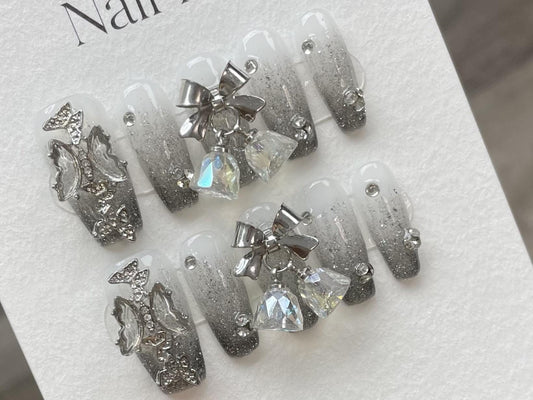 Silver Glitter Ombre Press-On Nails | 3D Butterfly & Bow Charm Nails | Elegant Sparkle Nail Set | Reusable Glam Nails