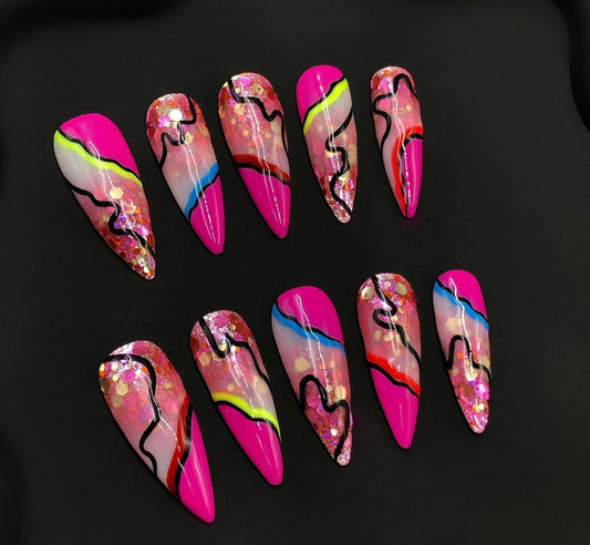 Electric Sunset Swirl Press-On Nails Neon Pink Glitter Abstract Nail Art Set summer nails artsy nails festival nails colorful electric nails