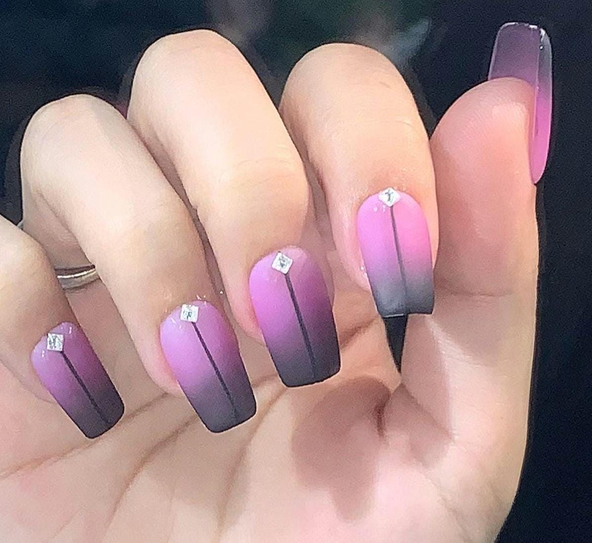 Matte Purple Ombre Press On Nails Short Square with Rhinestone Accent & Black Line Detail classy nails gradient nails chic nails formal nail