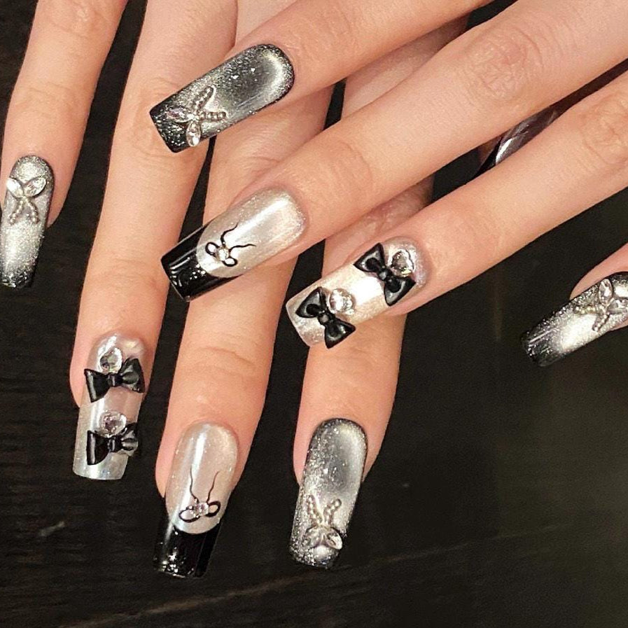 Black & Silver Glitter French Press On Nails 3D Bow and Pearl Accent chic nails formal nails handmade nails crystal accent nails luxury nail