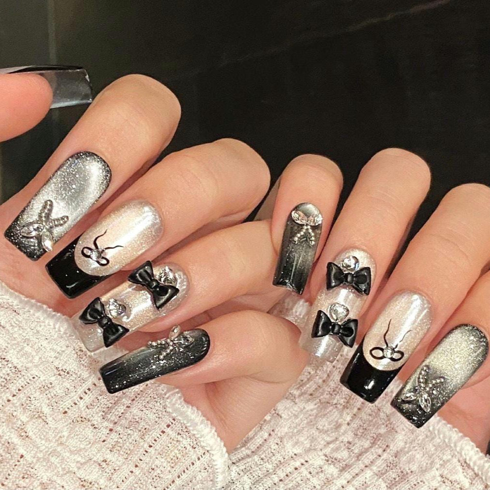 Black & Silver Glitter French Press On Nails 3D Bow and Pearl Accent chic nails formal nails handmade nails crystal accent nails luxury nail