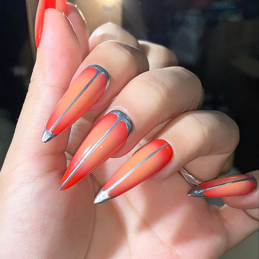 press on nails red ombre medium stiletto almond metallic tip glue on flame bold futuristic fiery statement making with chrome outlines faux