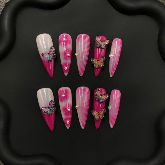 pink butterfly nails, rhinestone press on swirl ombré  3D butterfly charms glossy nails, long stiletto glam press-on set nail art, girly art