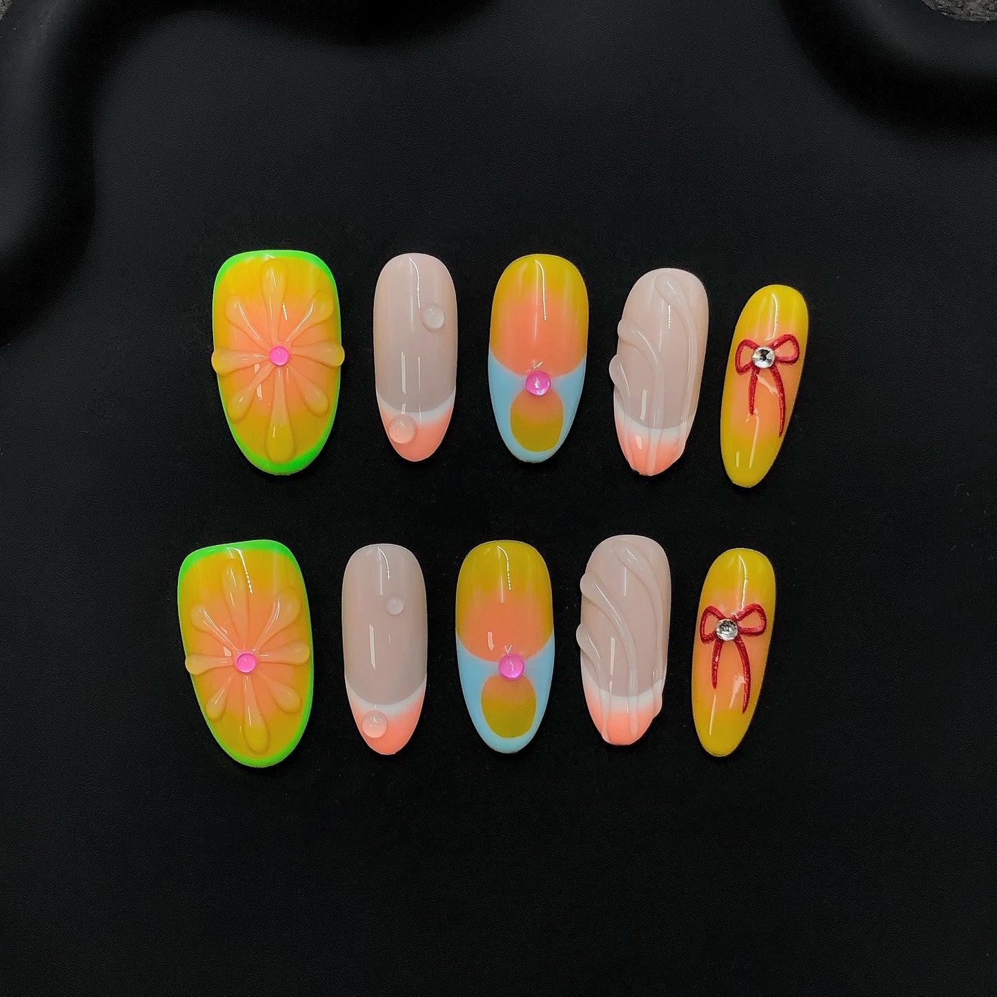 neon flower tropical press on nails summer ombre french tip, bow accent colorful nail art rhinestone vacation festive cute sculpted oval art