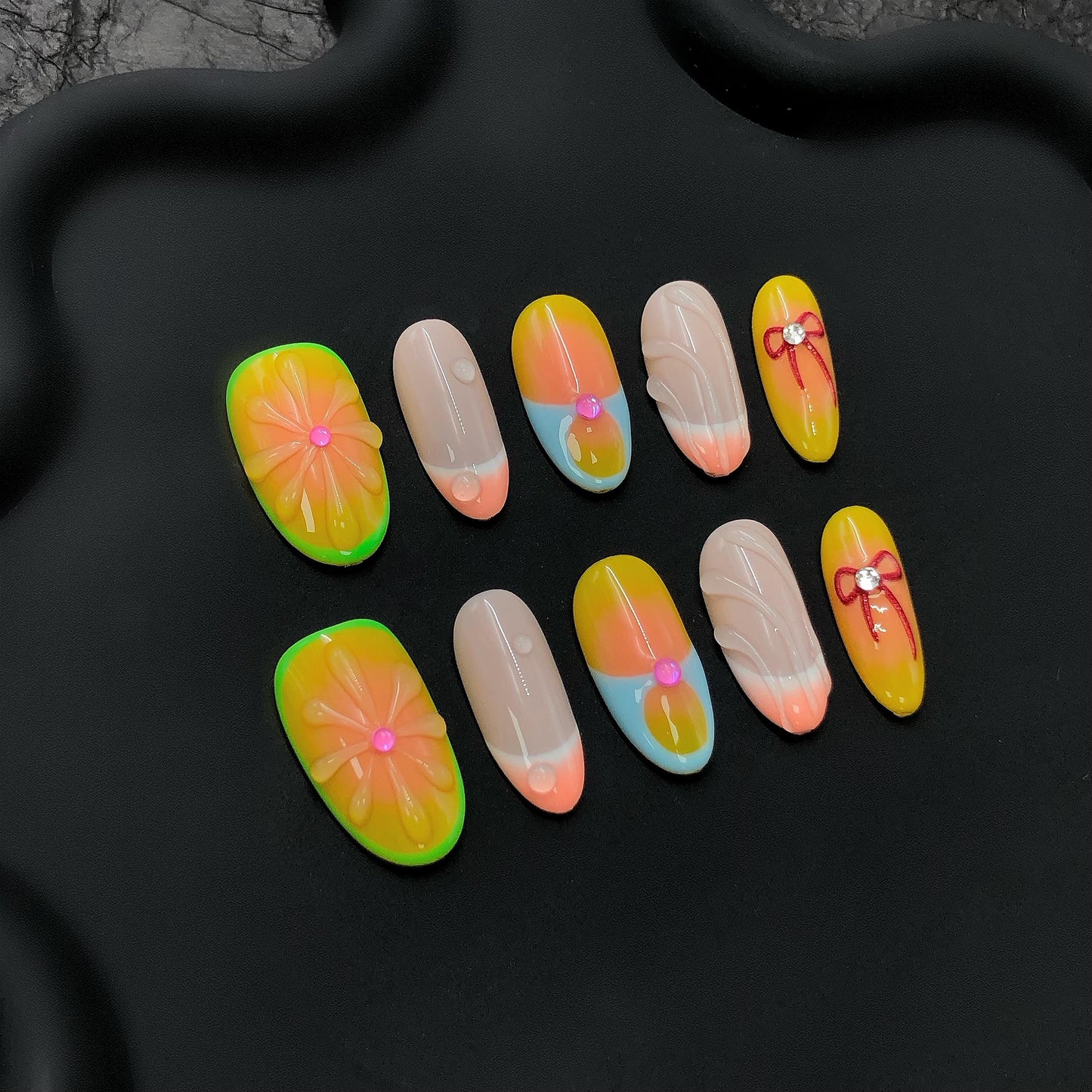 neon flower tropical press on nails summer ombre french tip, bow accent colorful nail art rhinestone vacation festive cute sculpted oval art