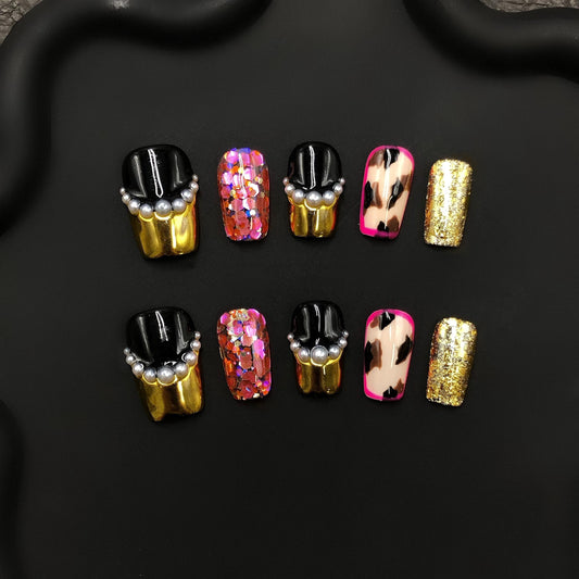 glam press on nails gold foil  leopard print  pearl accent  black gold bold set, sequin glitter statement  luxury hot pink fashion, bling