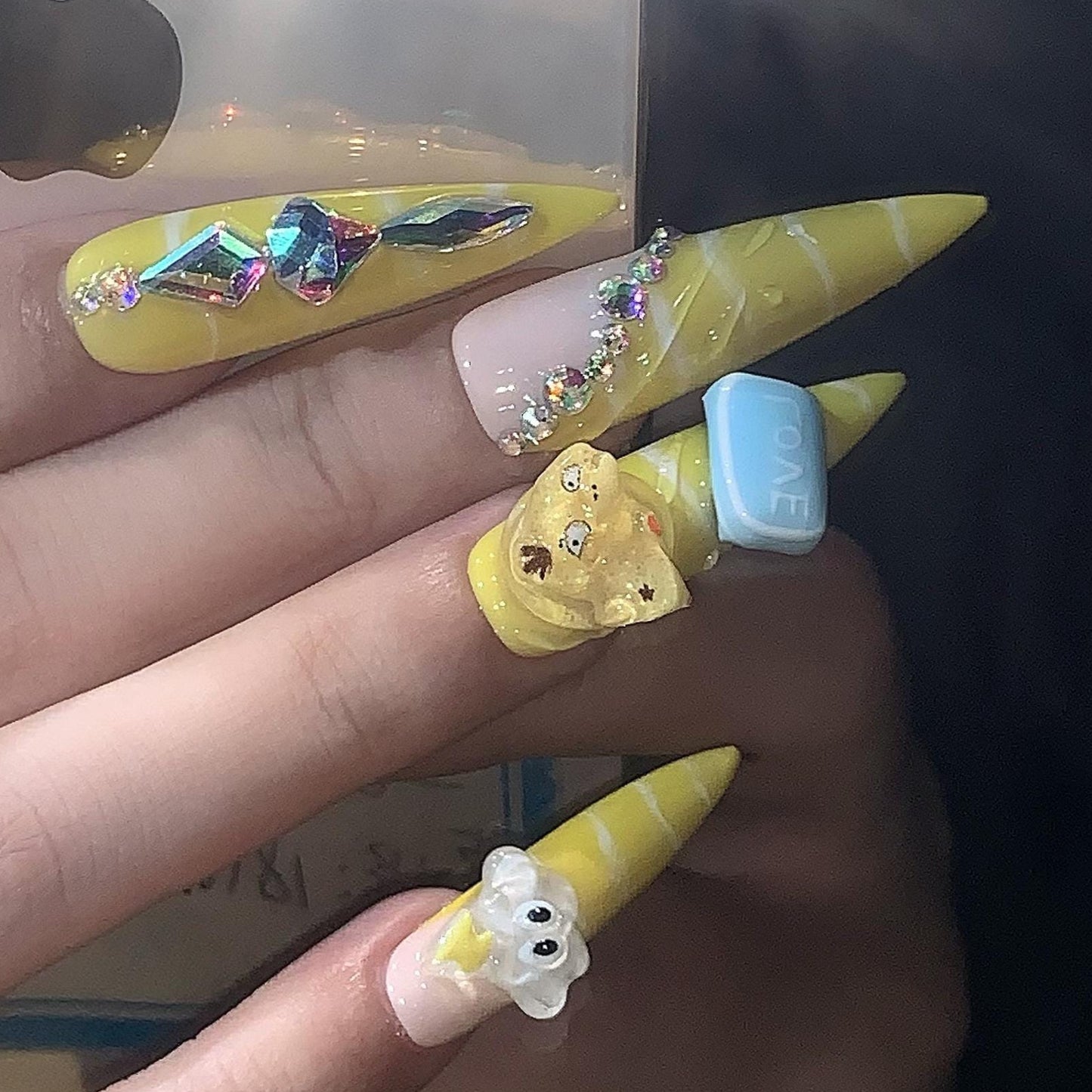 kawaii press on nails cute yellow 3D cartoon stiletto press on cloud art, bear charms, pastel long glam anime inspired bling fun character