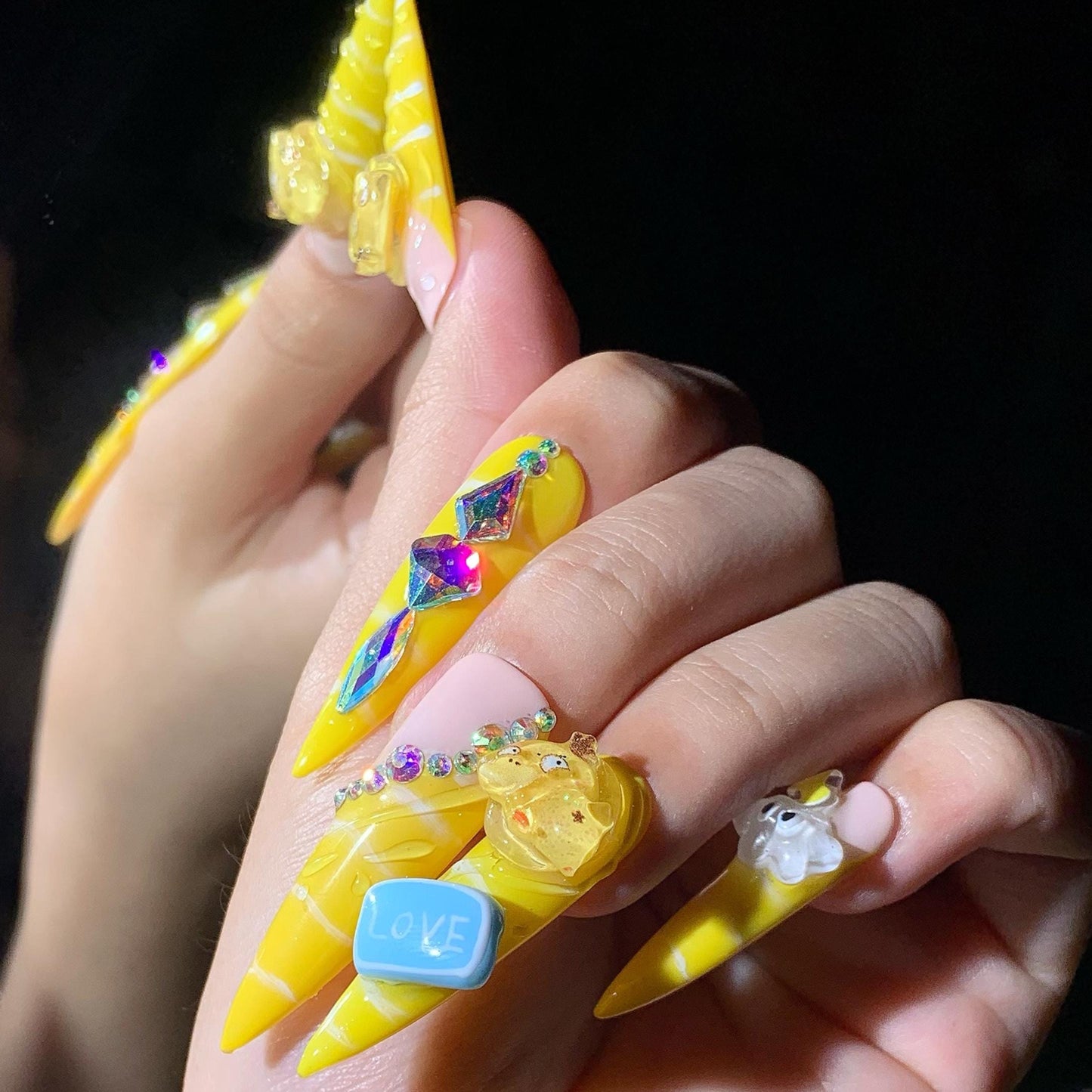kawaii press on nails cute yellow 3D cartoon stiletto press on cloud art, bear charms, pastel long glam anime inspired bling fun character