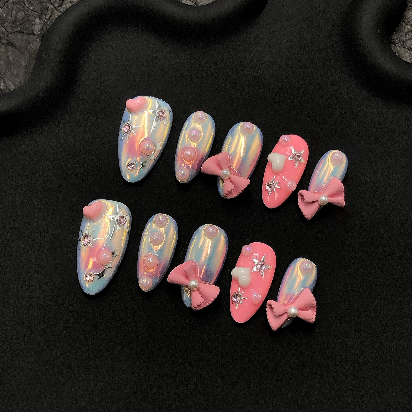 Cute press on nails pastel nails pink fake nail pearl nails 3D nail art bow design heart accents star embellishments glossy girly hologram